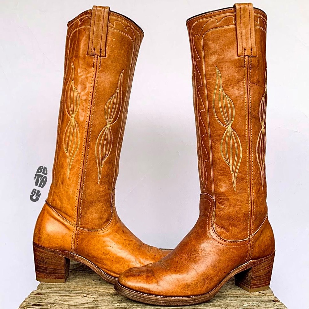 SOLD FRYE Vintage Black Label Stitching Tall Knee High Brown Western Boots 9 9.5 - Picture 10 of 11